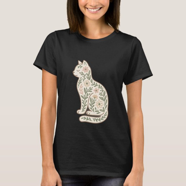 Floral Cat Shirt - Pastel Botanical Kitty Silhoutt (Vorderseite)