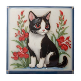 Floral Cats - Black and White Cat & Red Flowers Fliese