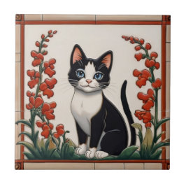 Floral Cats - Black & White Cat Red Flower Garden Fliese