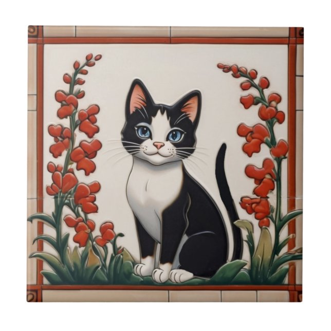 Floral Cats - Black & White Cat Red Flower Garden Fliese (Vorderseite)