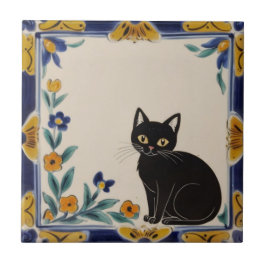 Floral Cats - Cute Black Cat & Orange Flowers Fliese