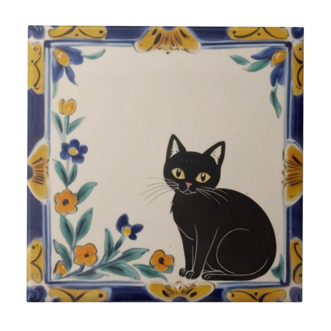 Floral Cats - Cute Black Cat & Orange Flowers Fliese (Vorderseite)