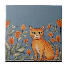 Floral Cats - Ginger Cat & Orange Flowers Cartoon Fliese
