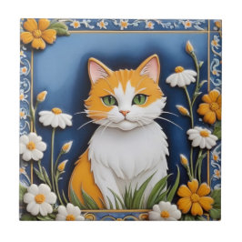 Floral Cats - Ginger Cat Orange White Flowers Blue Fliese