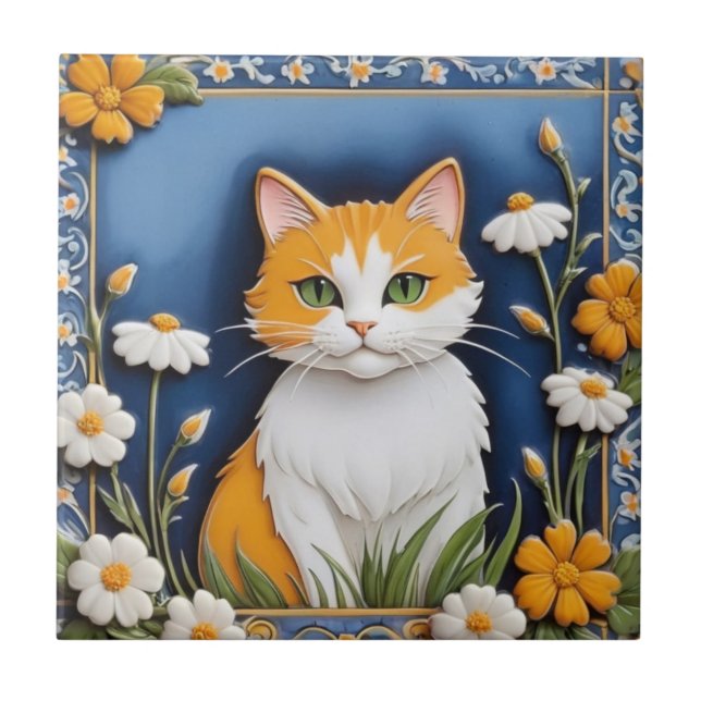 Floral Cats - Ginger Cat Orange White Flowers Blue Fliese (Vorderseite)