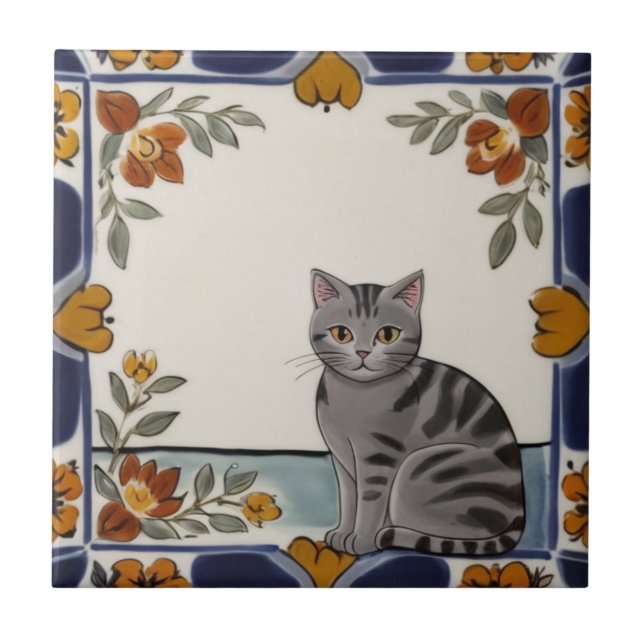 Floral Cats - Grey Tabby Cat & Orange Red Flowers Fliese (Vorderseite)