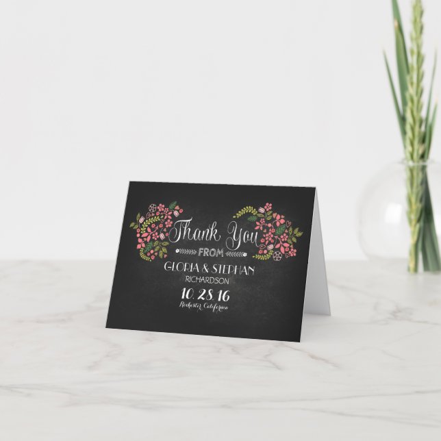 Floral chalkboard Moderne Hochzeit danke Karten (Vorderseite)