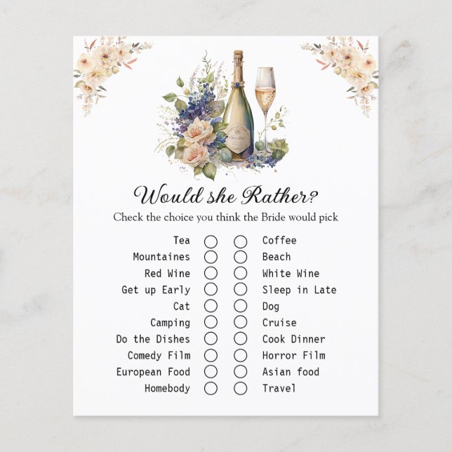 Floral Champagne Brautparty Game Card (Vorderseite)