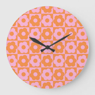 Floral Checker Pink Orange Große Wanduhr