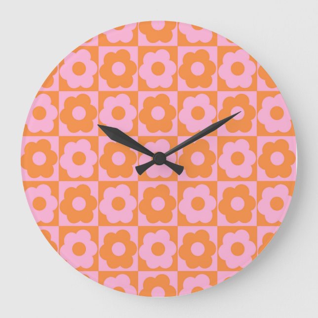 Floral Checker Pink Orange Große Wanduhr (Vorderseite)