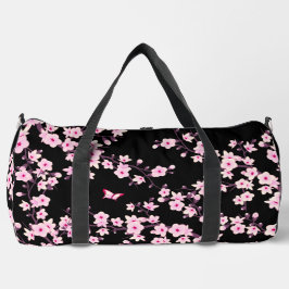 Floral Cherry Blossom Black Pink Duffle Bag