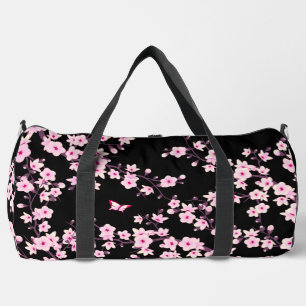 Floral Cherry Blossom Black Pink Duffle Bag