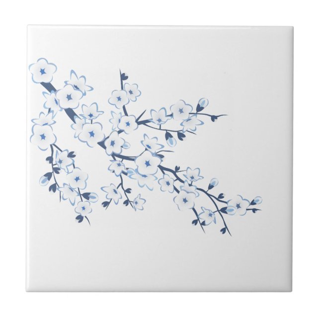 Floral Cherry Blossom Blue White Fliese (Vorderseite)