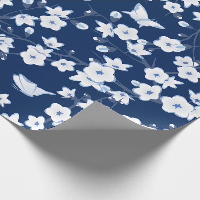 Floral Cherry Blossom Butterfliegen Navy Blue Whit Geschenkpapier (Ecke)