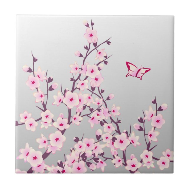 Floral Cherry Blossom Butterfly Pink Grau Fliese (Vorderseite)