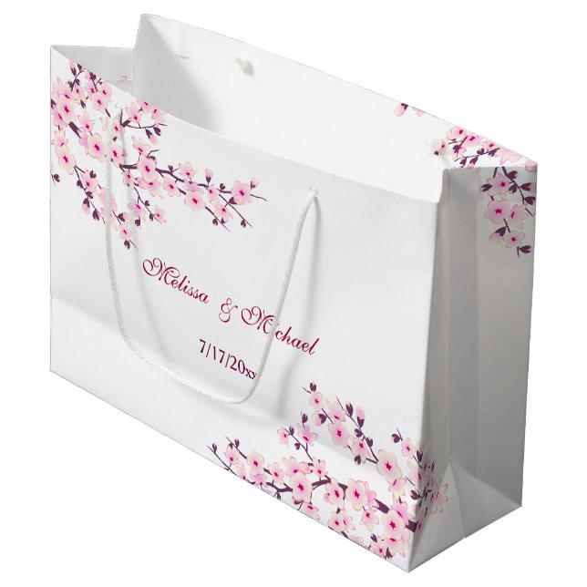 Floral Cherry Blossom Custom Wedding Große Geschenktüte (Vorderseite Schrägansicht)