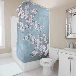 Floral Cherry Blossom Dusty Pink Blue Duschvorhang