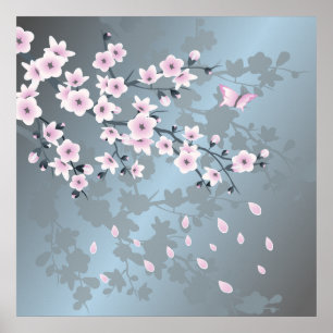 Floral Cherry Blossom Dusty Pink Blue Poster