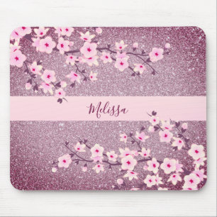Floral Cherry Blossom Mauve Bling Monogram Mousepad