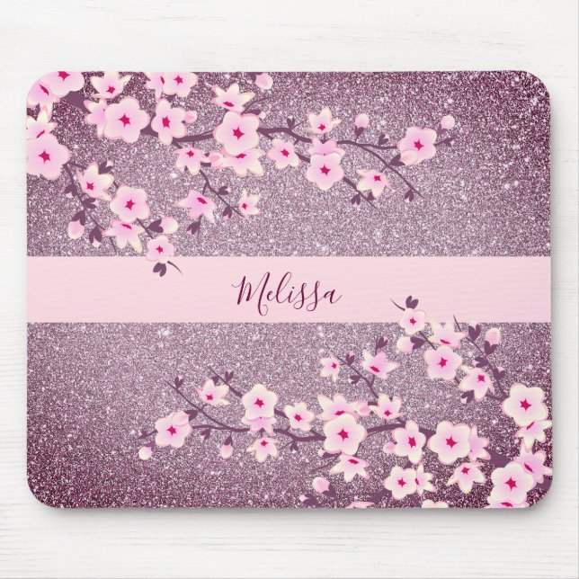 Floral Cherry Blossom Mauve Bling Monogram Mousepad (Vorne)