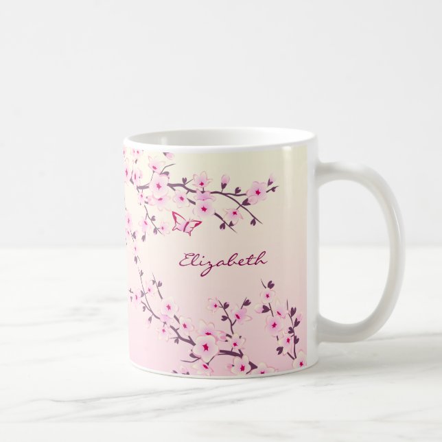 Floral Cherry Blossom Monogram Pink Girl Kaffeetasse (Rechts)