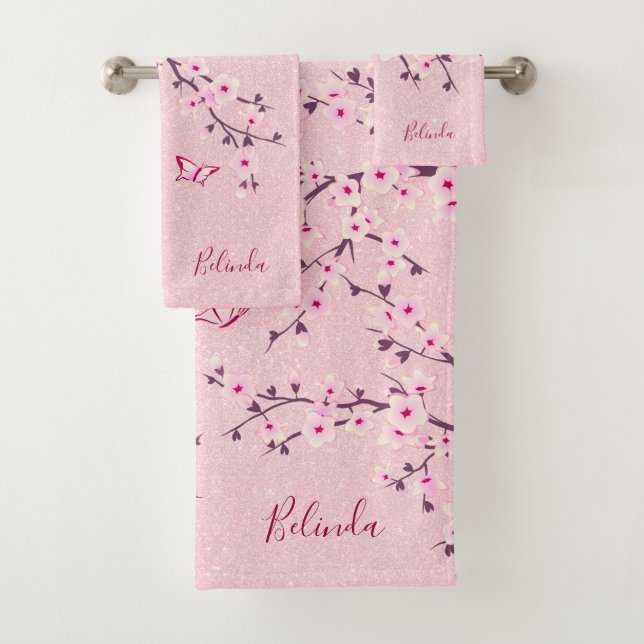 Floral Cherry Blossom Monogramm Name Rosa Glitzer Badhandtuch Set (Insitu)
