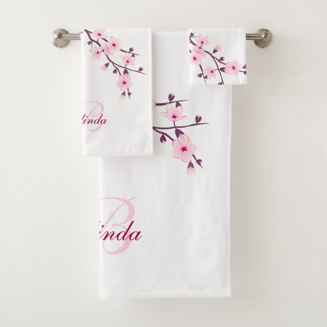 Floral Cherry Blossom Monogramm Name Rosa Weiß Badhandtuch Set (Insitu)