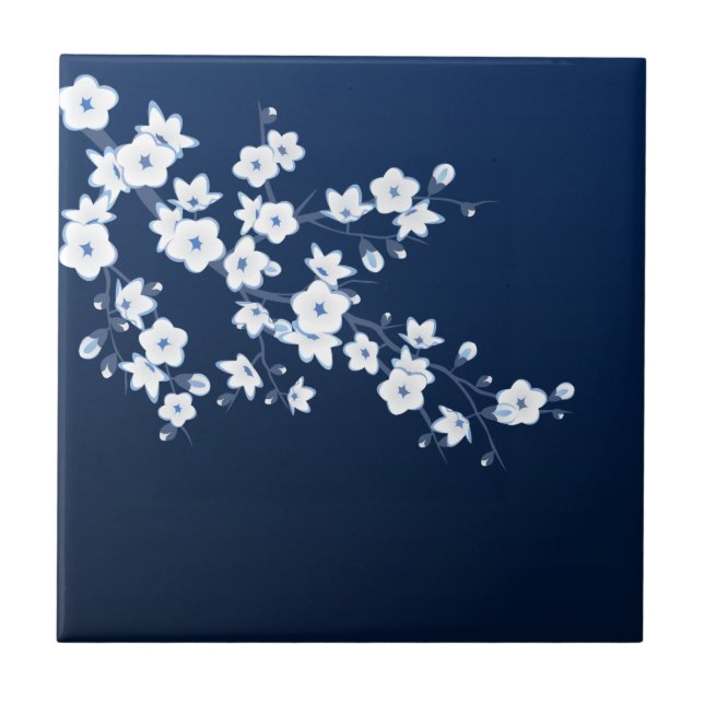 Floral Cherry Blossom Navy Blue White Fliese (Vorderseite)