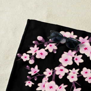 Floral Cherry Blossom Pink Black Beach Handtuch