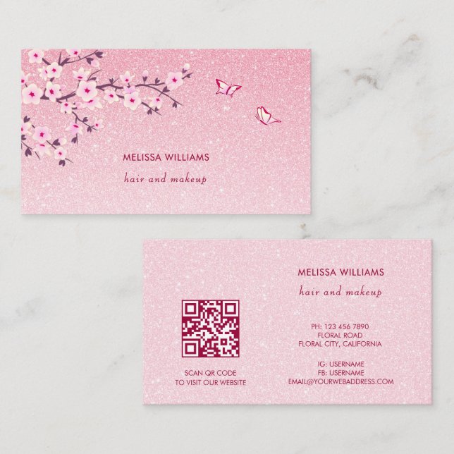 Floral Cherry Blossom Pink Glitter QR Code Visitenkarte (Vorne/Hinten)