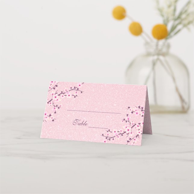 Floral Cherry Blossom Pink Glitzer Girl Baby Showe Platzkarte (Vorderseite)
