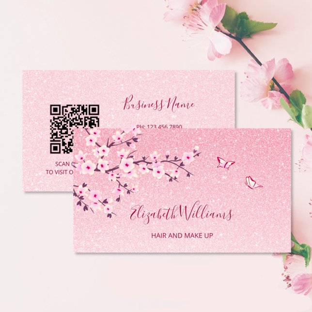 Floral Cherry Blossom Pink Glitzer QR Code Visitenkarte (Von Creator hochgeladen)