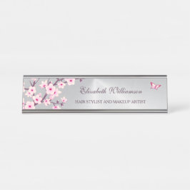 Floral Cherry Blossom Pink Gray Salon Schreibtischnamensplakette