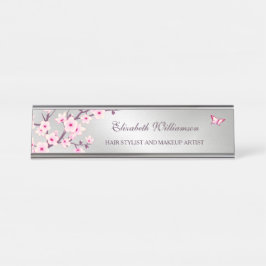 Floral Cherry Blossom Pink Gray Salon Schreibtischnamensplakette