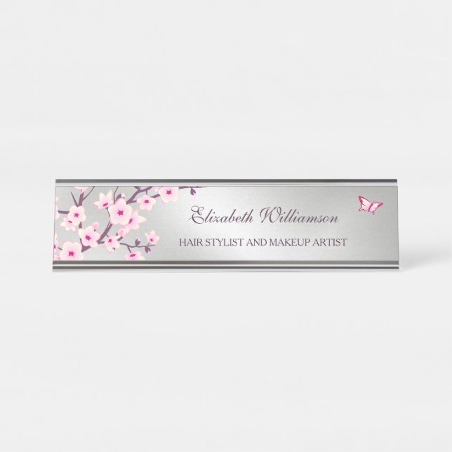 Floral Cherry Blossom Pink Gray Salon Schreibtischnamensplakette (Vorderseite )