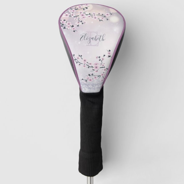 Floral Cherry Blossom Pink Mauve Glitzer Monogram Golf Headcover (Vorderseite)