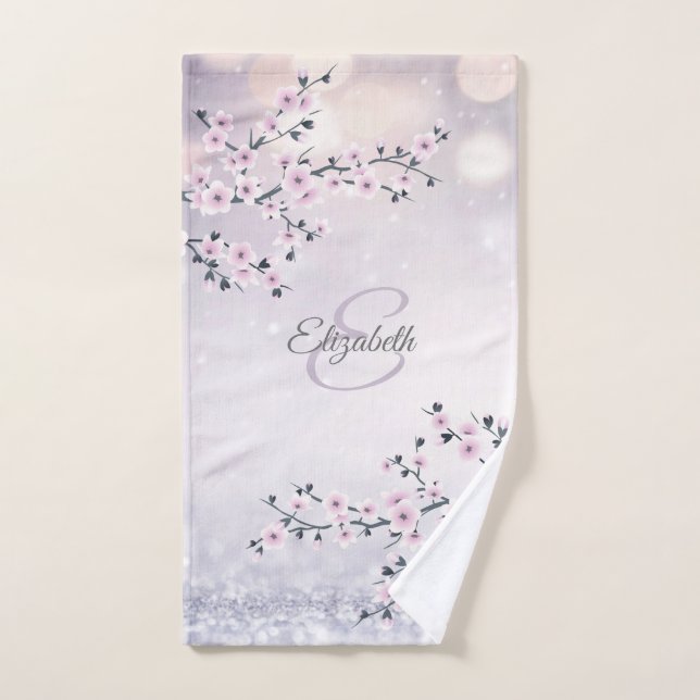 Floral Cherry Blossom Pink Mauve Glitzer Monogram  Handtuch (Handtuch)
