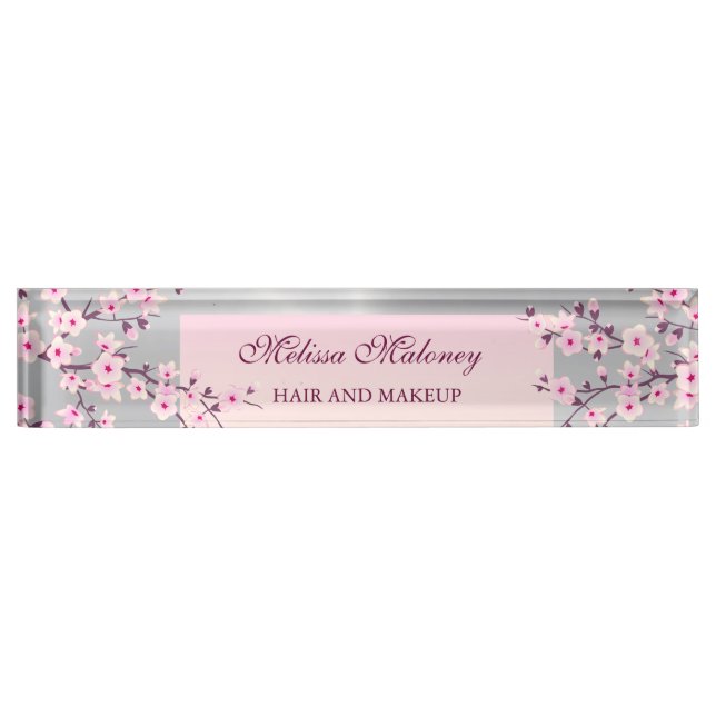 Floral Cherry Blossom Pink Silver Namensplakette (Vorderseite)