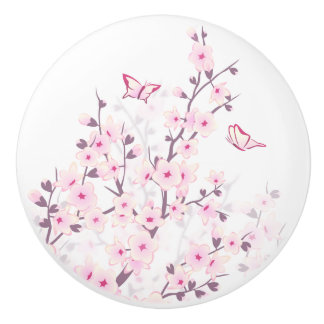 Floral Cherry Blossoms Butterflies Pink White Keramikknauf