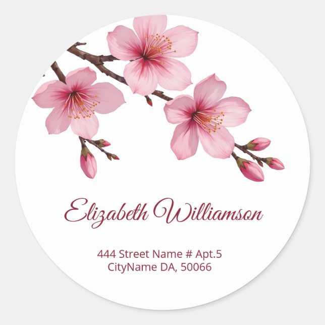 Floral Cherry Blossoms Pink White Runder Aufkleber (Vorderseite)