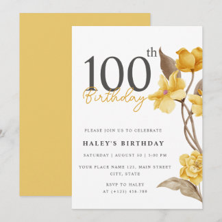 Floral Chic Elegant Einfaches Gelb 100. Geburtstag Einladung