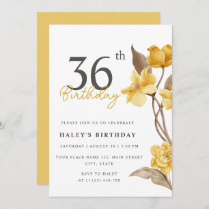 Floral Chic Elegant Simple Yellow 36. Geburtstag Einladung