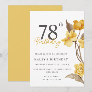Floral Chic Elegant Simple Yellow 78. Geburtstag Einladung