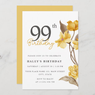 Floral Chic Elegant Simple Yellow 99. Geburtstag Einladung