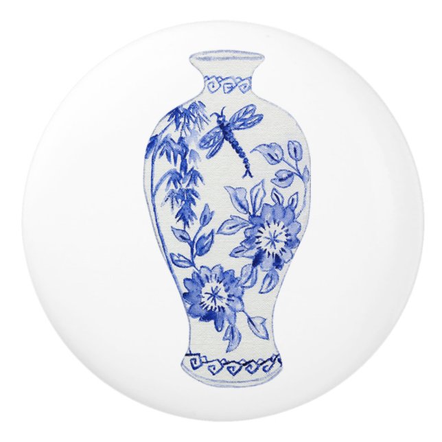 Floral Chinoiserie Blue White Dragonfly Ginger Jar Keramikknauf (Vorderseite)
