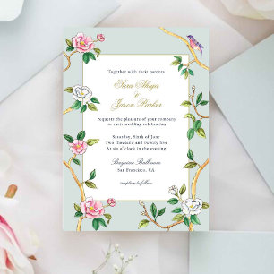 Floral Chinoiserie Gray Blue Hochzeit Einladung