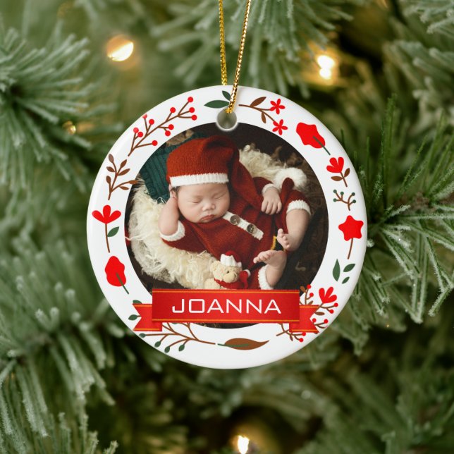 Floral Christmas Baby's First Christmas Photo Keramik Ornament (Baum)