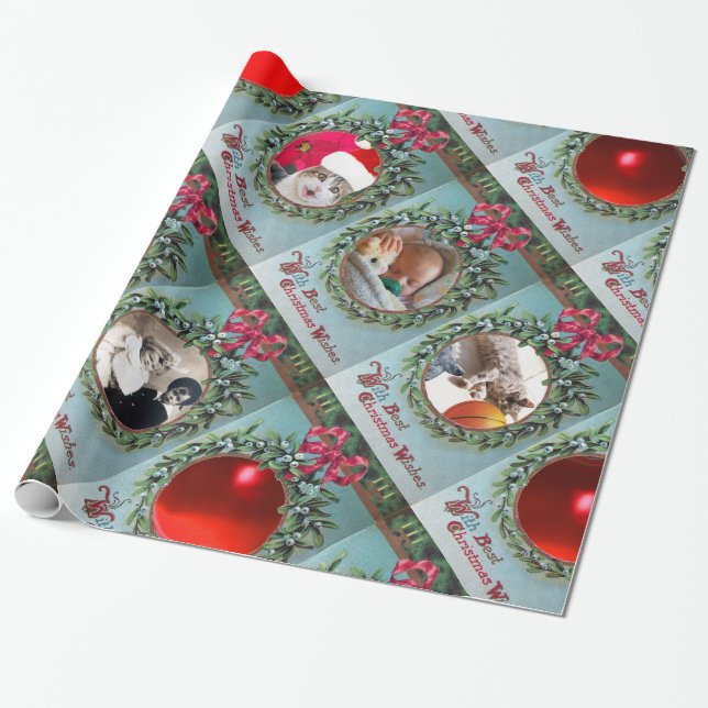 FLORAL CHRISTMAS CROWN, RED RIBBON FOTOVORLAGE GESCHENKPAPIER (Ungerollt)