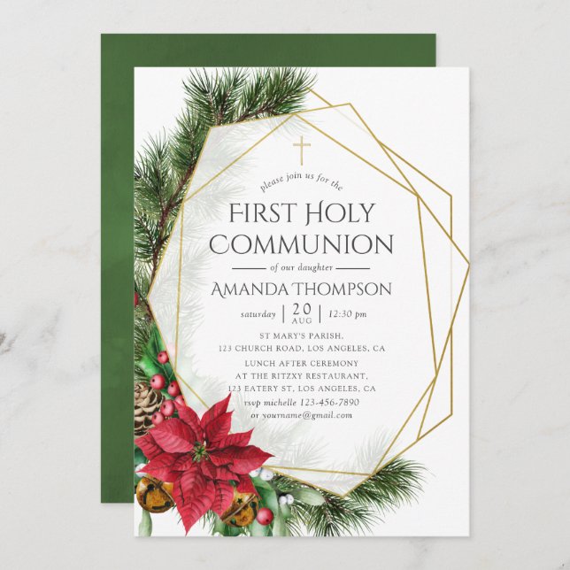 Floral Christmas Geometric First Heilige Kommunion Einladung (Vorne/Hinten)