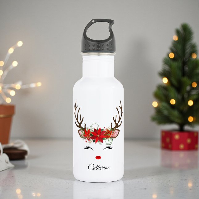 Floral Christmas Reindeer Personalisierter Name Edelstahlflasche (Von Creator hochgeladen)